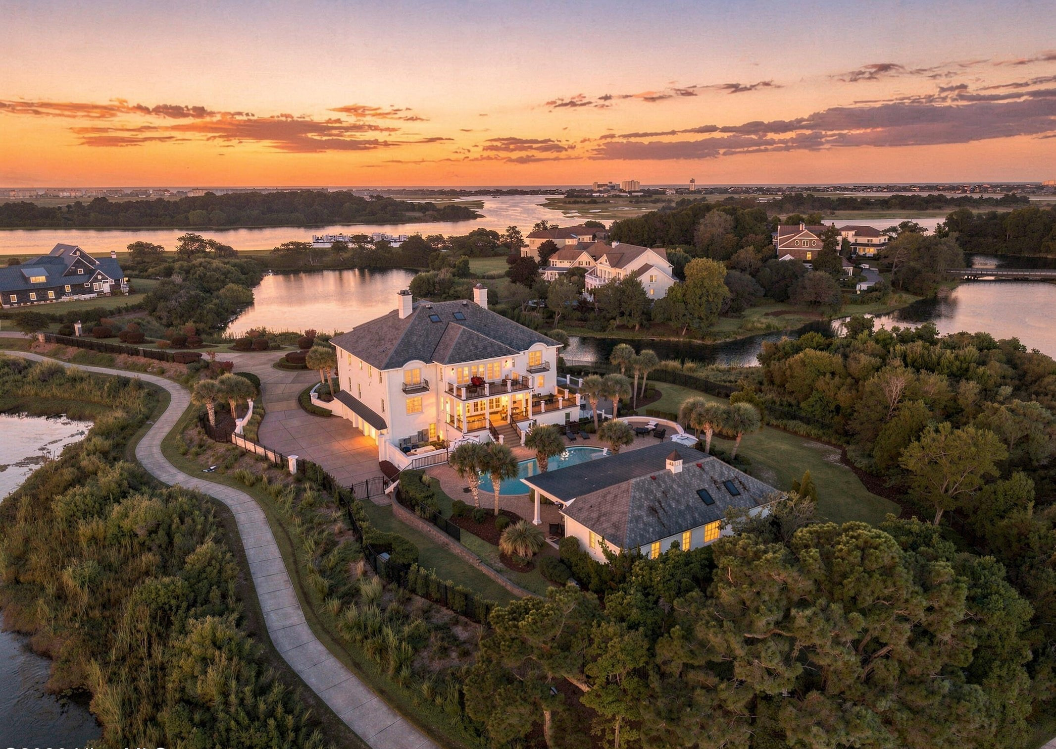 Twilight aerial of the property and the Intracoastal Waterway